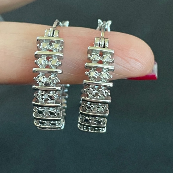 CZ Silver Hoop Earrings - Picture 2 of 7